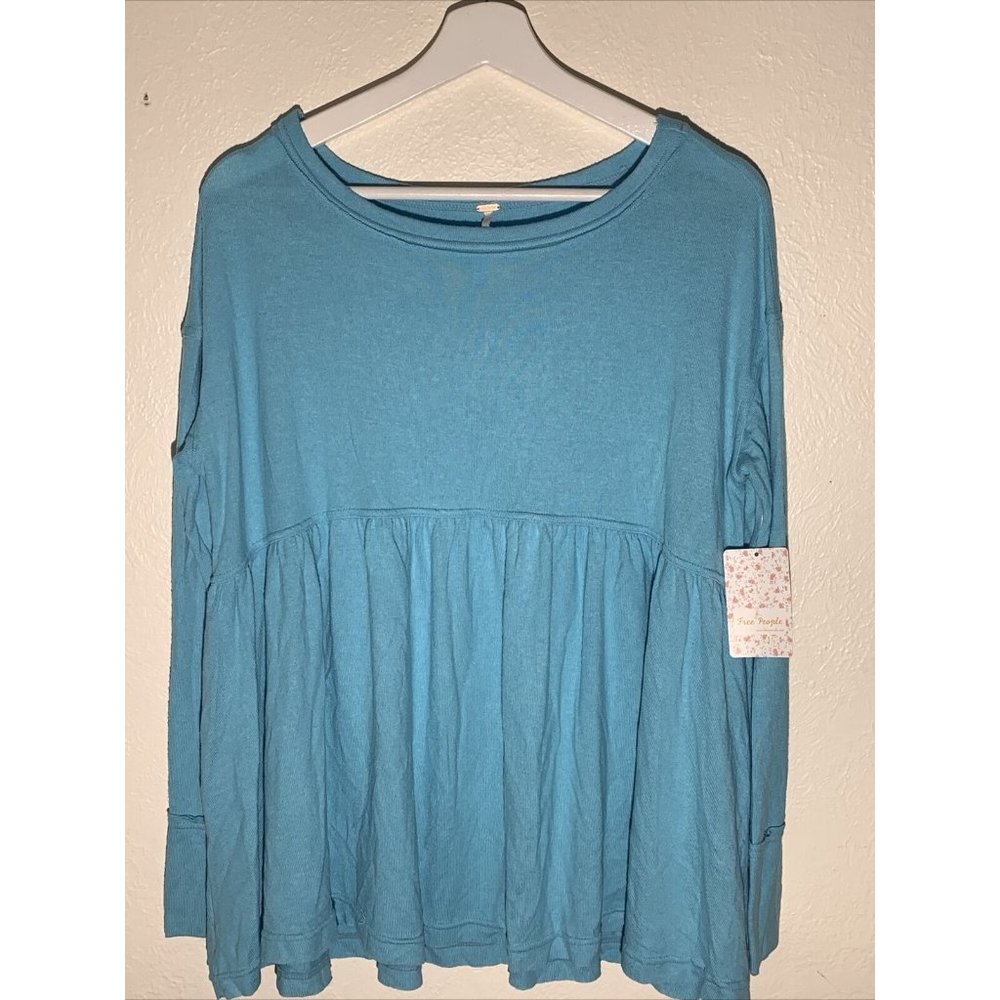 Free People Womens Top  Blue Babydoll Tee L/S NWT - Picture 4 of 9
